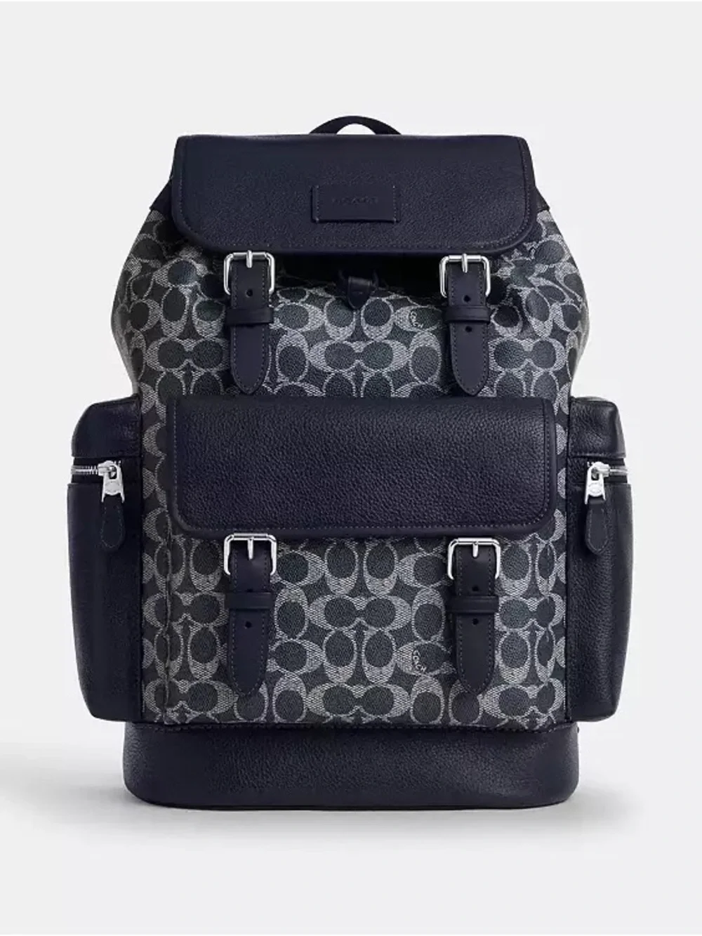 Coach Navy Signature Jacquard Backpack with Leather Trim